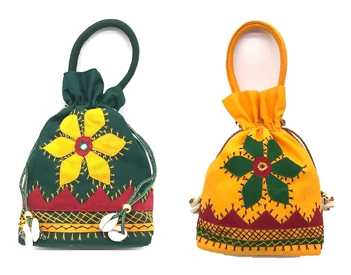 srishopify handicrafts Trendy Floral Potli Bags for Women, Ethnic Potli Pouches for Party, Potli Bags for Return Gift, Potlis for Ladies, Shagun Bags Pooja Nomu | Combo Pack of 2